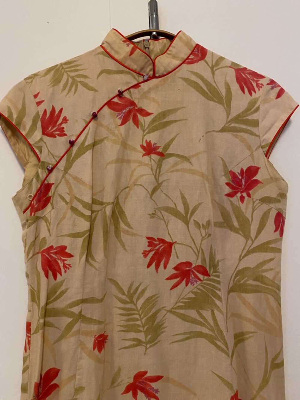 Linen Floral Mandarin-Collar Dress with Red Trim